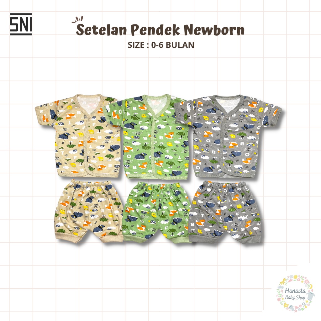 Baju Bayi Newborn Setelan Lengan Pendek Katun Lorek Animal 0-6 Bulan