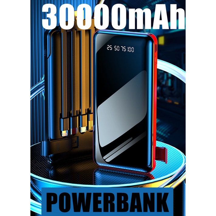 30000mAh Kapasitas Besar Powerbank 4 Cables Fast Charging Portable LED Display 4 Output 2 Input Typec