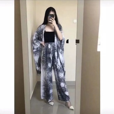 SETELAN CARDIGAN/OUTER+CELANA MOTIF AKAR RAYON BALI