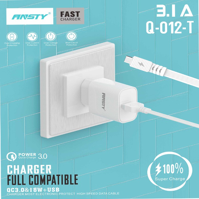 TC ANSTY Q-012 - ADAPTER - CHARGER 3.0A FAST CHARGING DAN VOOC