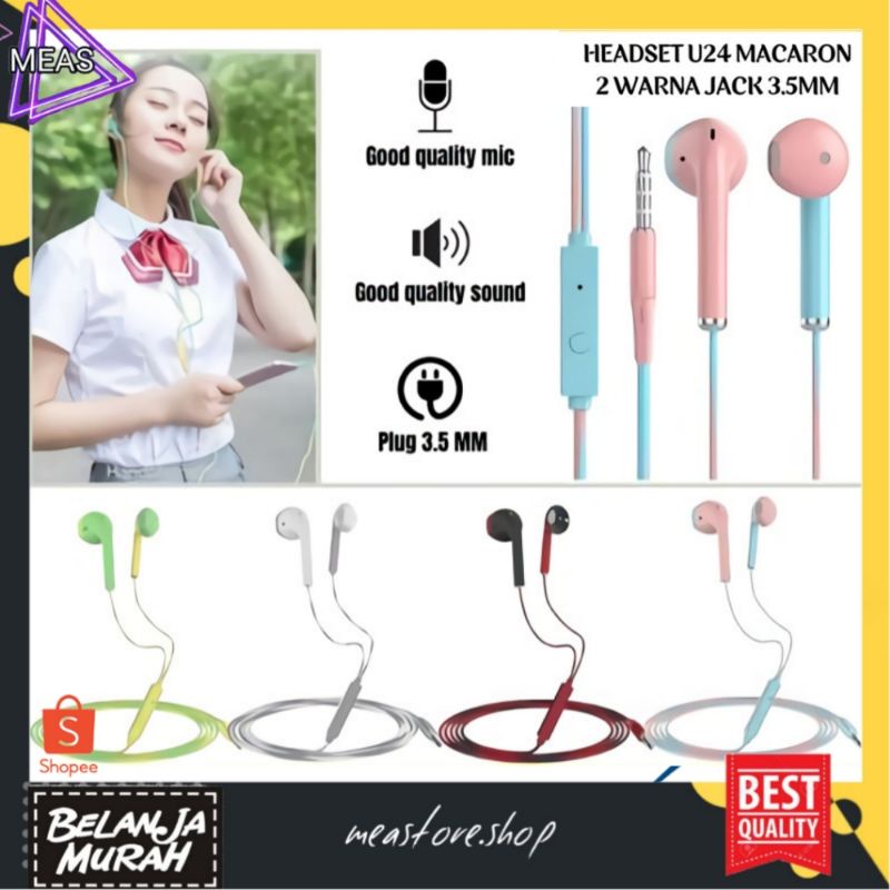 MEASTORE | HANDSFREE U24 MACARON EXTRA BASS HIFI | TWO TONE DUA WARNA / EARPHONE R2