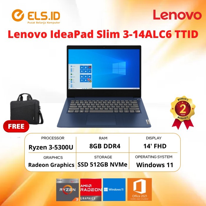 Laptop Lenovo IdeaPad Slim 3-14ALC6 TTID Ryzen 3-5300U 8GB SSD 512GB 14' FHD W11+OHS