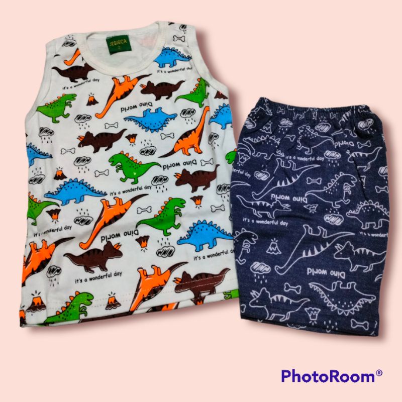 Setelan Baju Singlet Anak Laki-laki bahan bebykatun dino putih