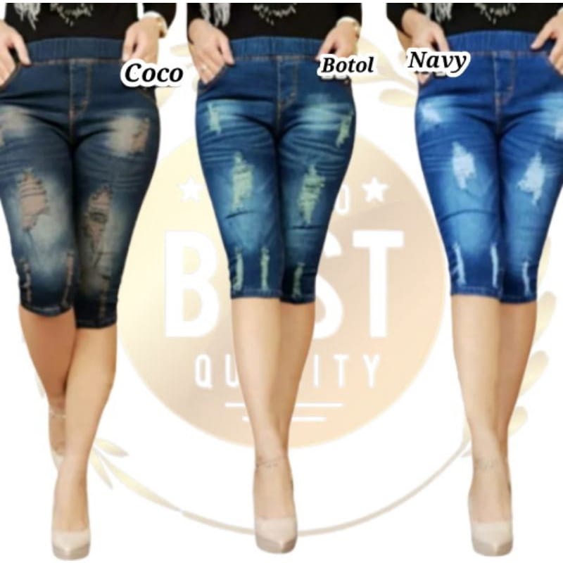 Celana jeans pendek wanita jeans sobek 7/8 legging pinggang karet kolor rip