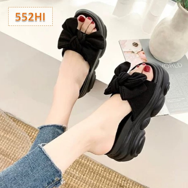 Sendal Wedges Sandal Selop Wanita Pita Tinggi Sol 5 cm Hitam Hijau Pink Putih (552)