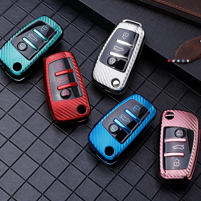 Casing Kunci Mobil Model Flip Bahan Carbon Fiber Untuk Audi A1 A3 A4 A5 Q7 A6 C5 C6