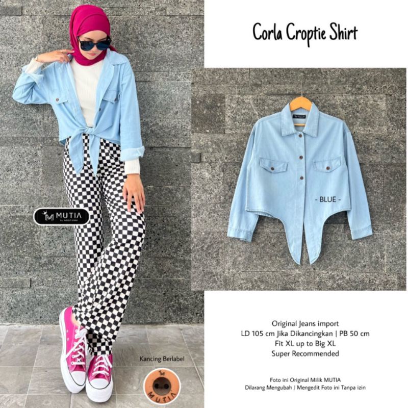 CORLA CROPTIE SHIRT BY MUTIA / BLOUSE WANITA MUSLIMAH / Blouse jeans atasan wanita kekinian