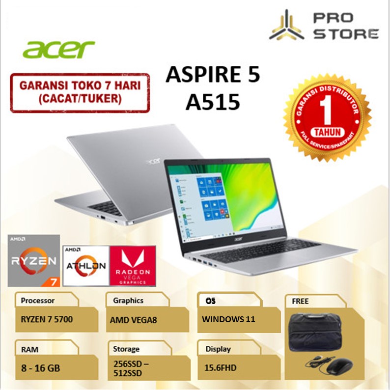 LAPTOP ACER ASPIRE 5 A515 FHD RYZEN 7 5700 RAM 16GB 512GB SSD VEGA8 W11
