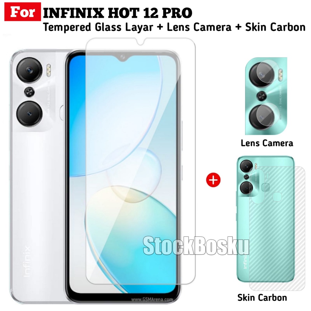 Paket 3in1 Tempered Glass Infinix Hot 12 Pro NFC Screen Guard Clear Free Lens Camera Dan Skin Carbon Back Handphone