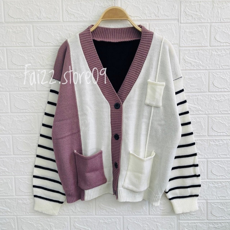 REGINA CARDIGAN RAJUT SAKU OVERSIZE MOTIF GARIS STRIPES TANGAN WANITA