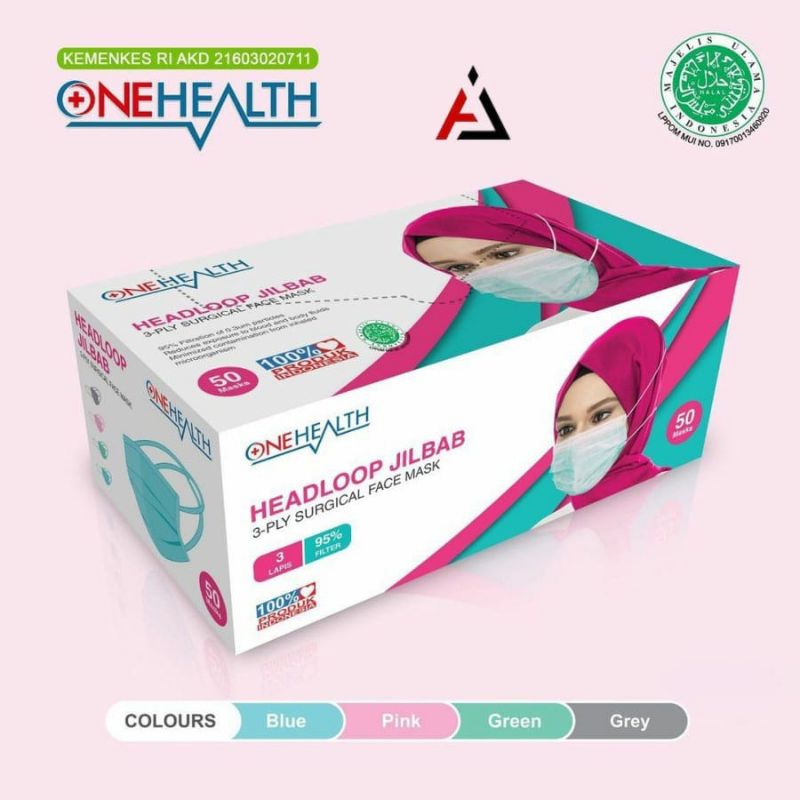 banda aceh ecer per pisc Masker Medis 3 Ply Onehealth Headloop / Hijab Per Box isi 50 Pcs / Surgical