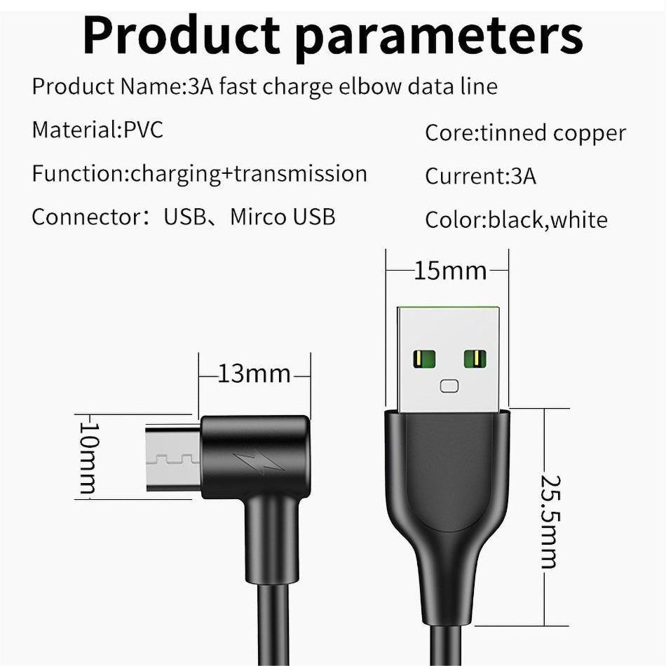 Kabel Data / Fast Charging Micro Usb v8 Siku 90 Derajat 1m 2m 3a Untuk Android