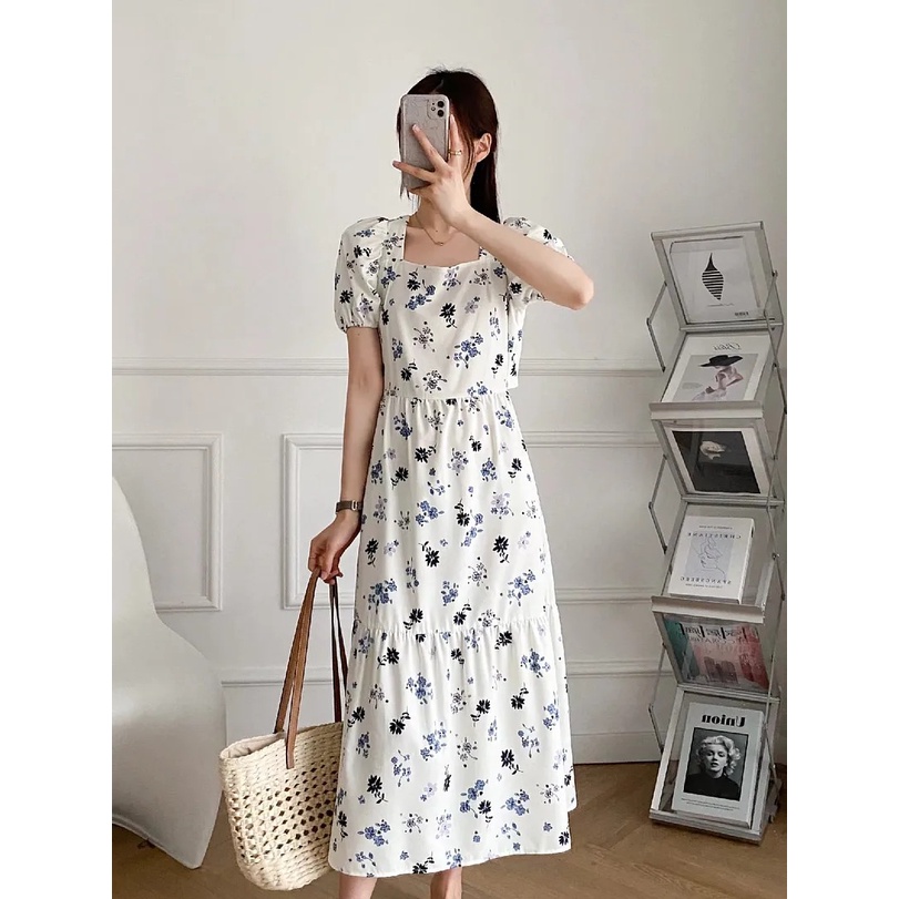 Long Dress Maxi Putih Korean Import Motif Bunga 66517