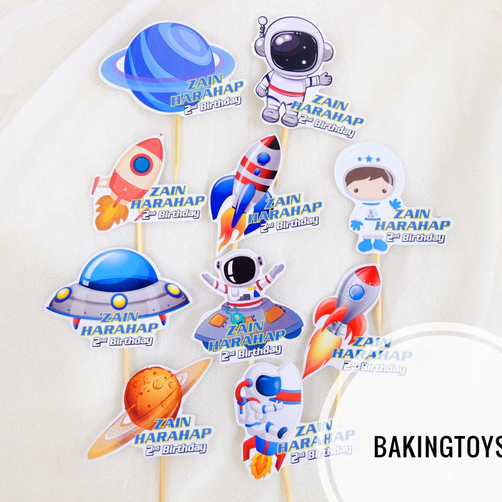 Astronot Planet Ufo Roket Topper Cupcake Birthday / Hiasan Kue Ulang Tahun - Custom Nama