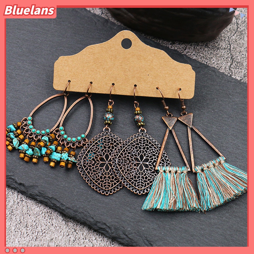 Bluelans 3 Pasang / Set Anting Kait Gantung Desain Geometri Bulat + Rumbai Gaya Vintage Untuk Wanita