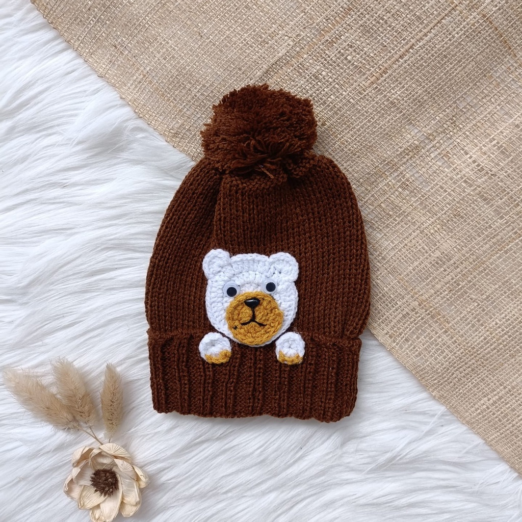 Topi rajut bayi pompom motif bear 0-24bulan