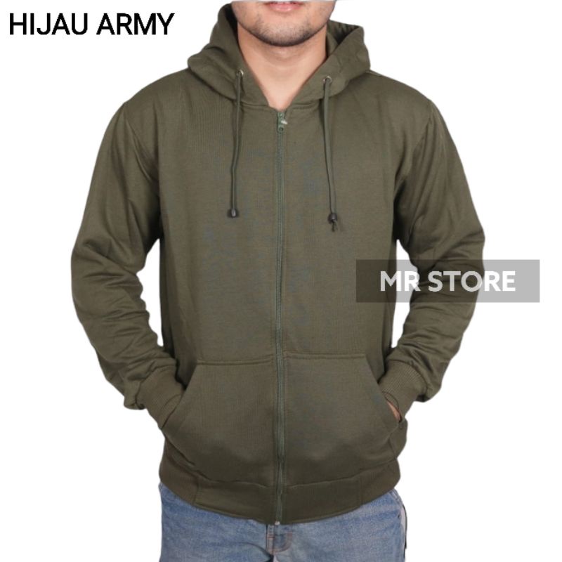 M,L,XL,XXL Jaket zipper hoodie polos hijau army mr store