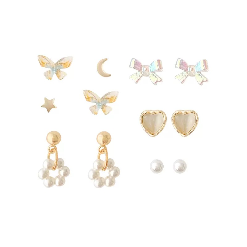Roselife 12pcs / Set Anting Tusuk Silver S925 Gaya Korea Motif Kupu-Kupu / Bulan / Bintang / Bunga / Mutiara Untuk Wanita
