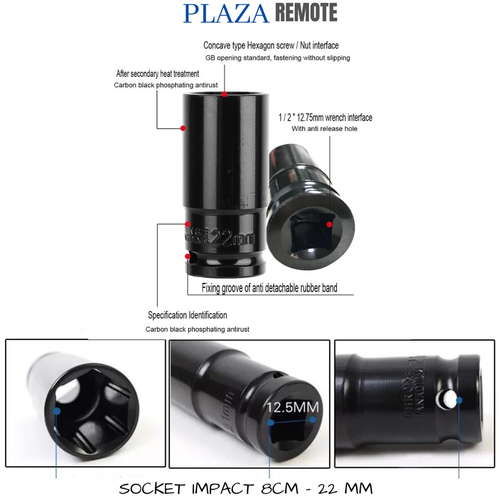 SOCKET SOCK IMPACT HEX CHROME VANADIUM 1/2 INCH 8CM - 22 MM CHROME VANADIUM