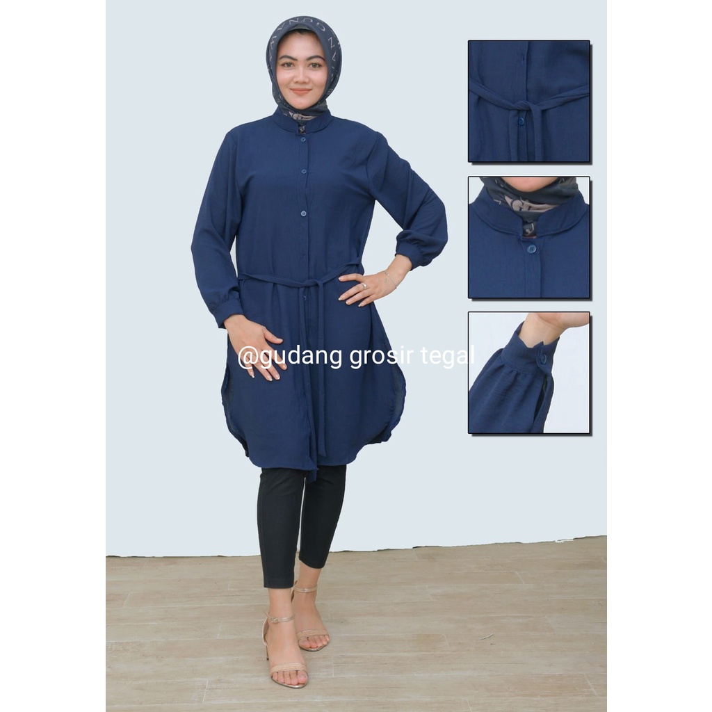 KEMEJA TUNIK POLOS JUMBO WANITA / KEMEJA TUNIK CRINGKLE AIRFLOW TALI PINGGANG L XL XXL