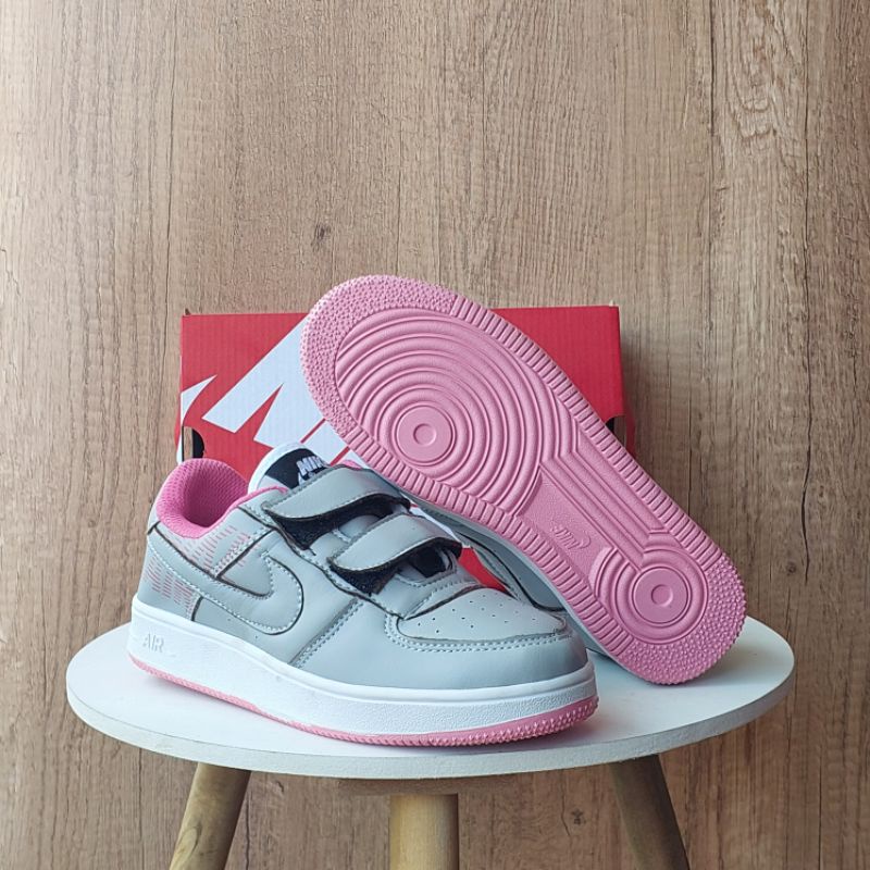 Sepatu Air Force 1 Kids Velcro Grey Pink Premium Quality / Sepatu Anak Anak / Sepatu Velcro Anak