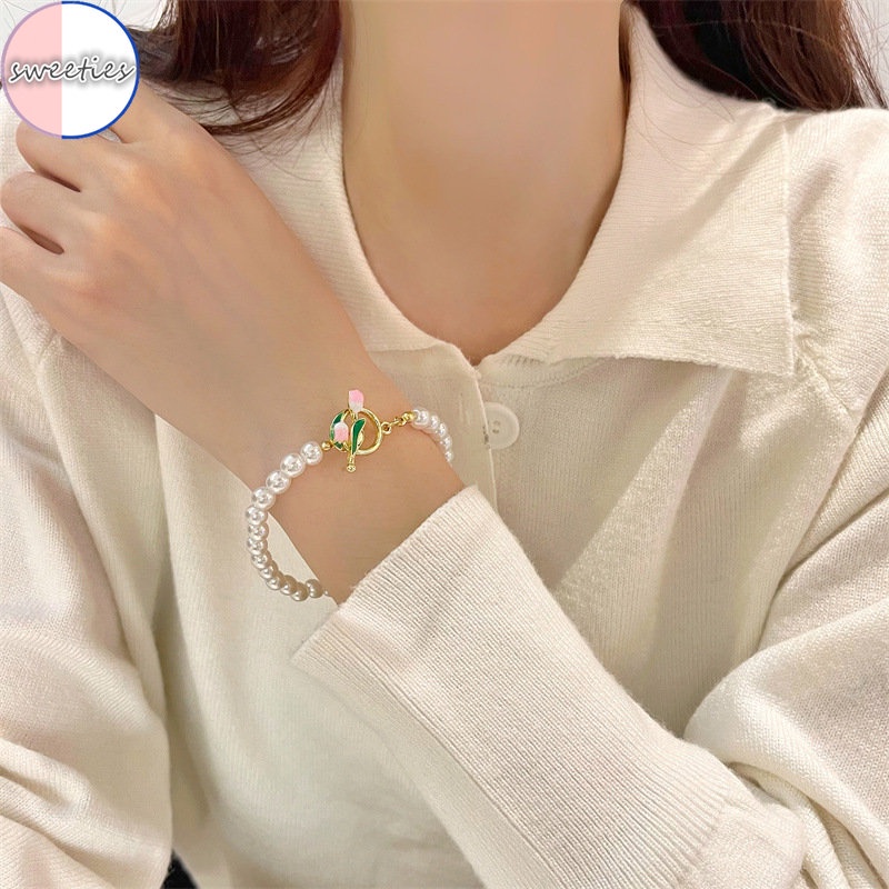 2022 Gelang Tangan Rantai Aksen Bunga Tulipmutiara Imitasi Gaya Vintageperancis Untuk Wanita