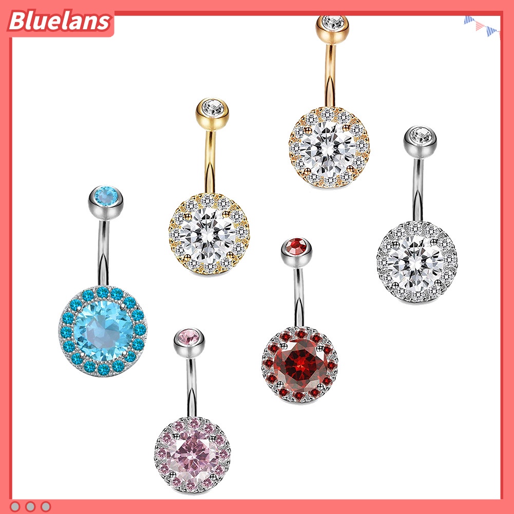 Bluelans Women Rhinestone Inlaid Round Pendant Barbell Navel Ring Body Piercing Jewelry