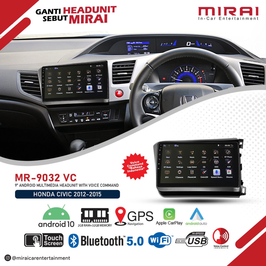 Headunit Android Civic FB 2012-2015 Mirai 9032CP Auto Apple Car Play RESMI