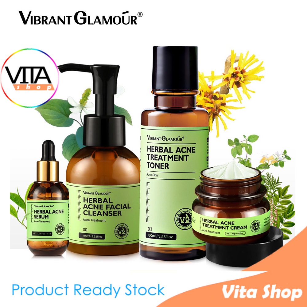 PAKET VIBRANT GLAMOR Herbal Acne Treatment Cream+ Serum + Toner + Cleaner Set Krim perawatan jerawat
