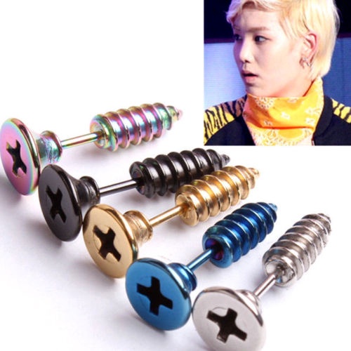 1 Pasang Anting Stud Desain Sekrup KPOP BTS EXO Bahan Stainless Steel Untuk Unisex