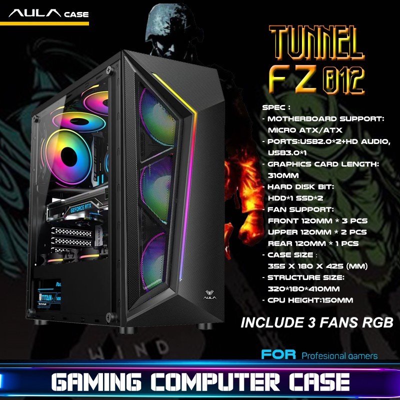 Casing PC Gaming AULA FZ012 ATX include 3 Fan RGB - Casing AULA FZ 012