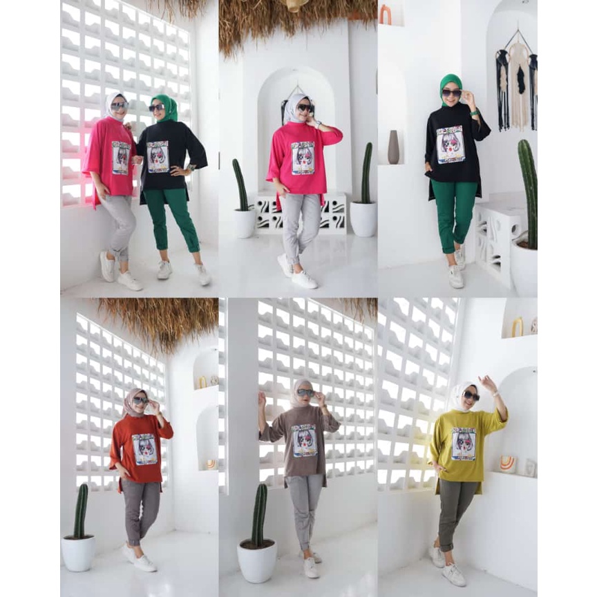 ALINA ONE SET Ld 110, PbD 65 cm, PbB 73cm, LP 110cm, PC 98cm Bahan Atasan Kaos Babyterry Bahan Celan