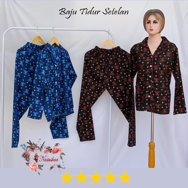 Stelan Baju Tidur Dewasa / Piyama / Pajamas / NIGHT GOWN / Babydoll / Piyama Set Motif Branded Bahan Katun Jepang Lengan Panjang Busui Friendly All Size