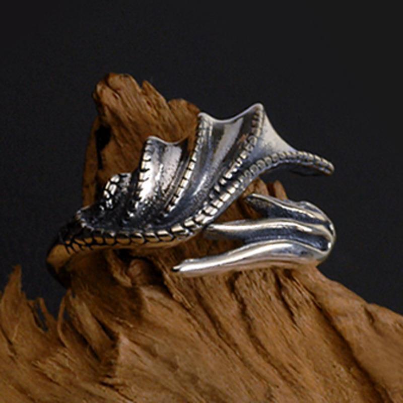 Cincin silver adjustable Desain Naga Sayap Gaya vintage Eropa Amerika Untuk Pria Dan Wanita