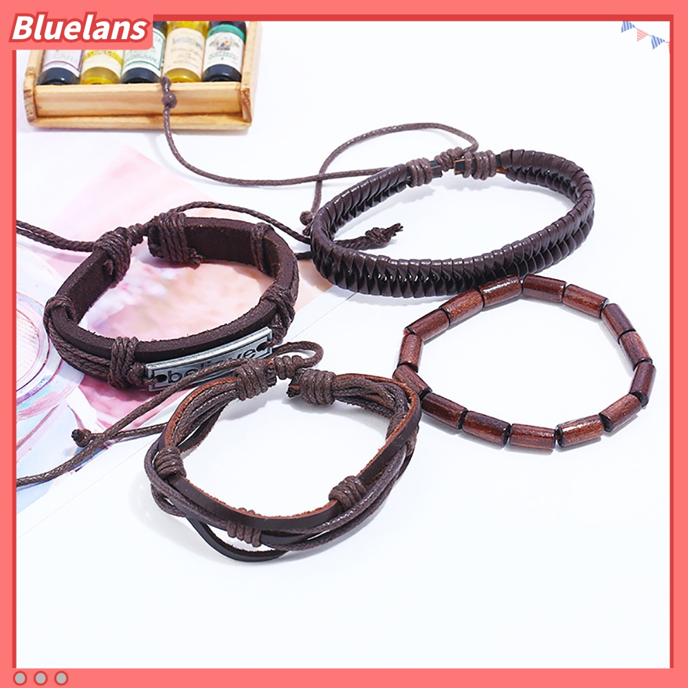 4pcs / Set Gelang Multilayer Bahan Kulit Imitasi Untuk Pria