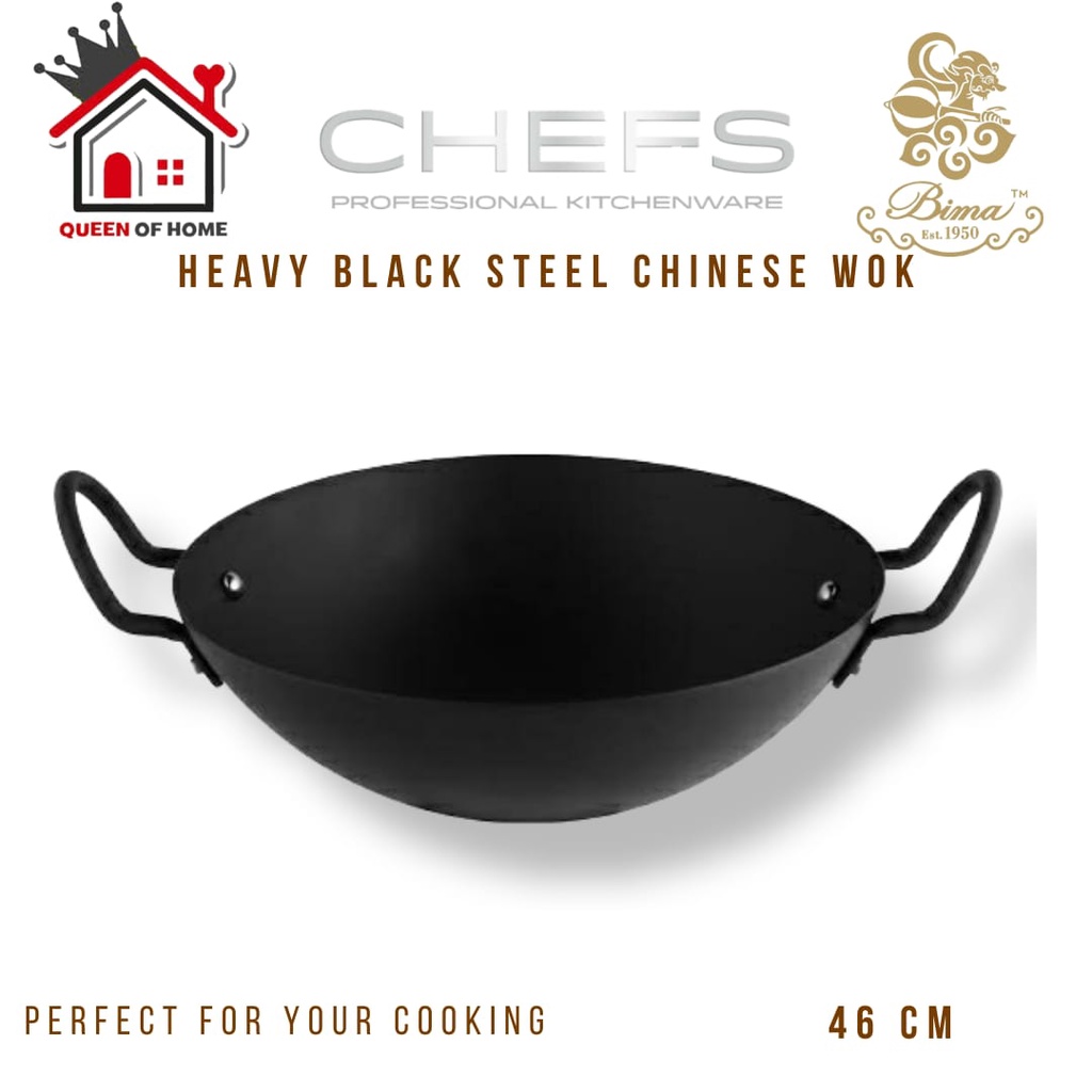 Bima Chefs Heavy Black Steel Chinese Wok 46cm Wajan Penggorengan Kuali 1.8mm BP1951346