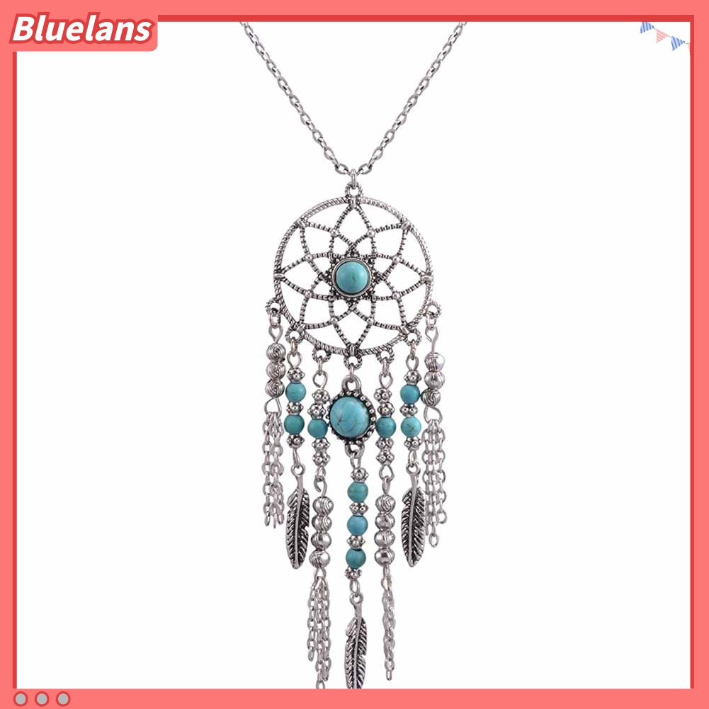 Kalung Rantai Rumbai Desain Dream Catcher Bulu Aksen Turquoise Gaya Boho Untuk Wanita