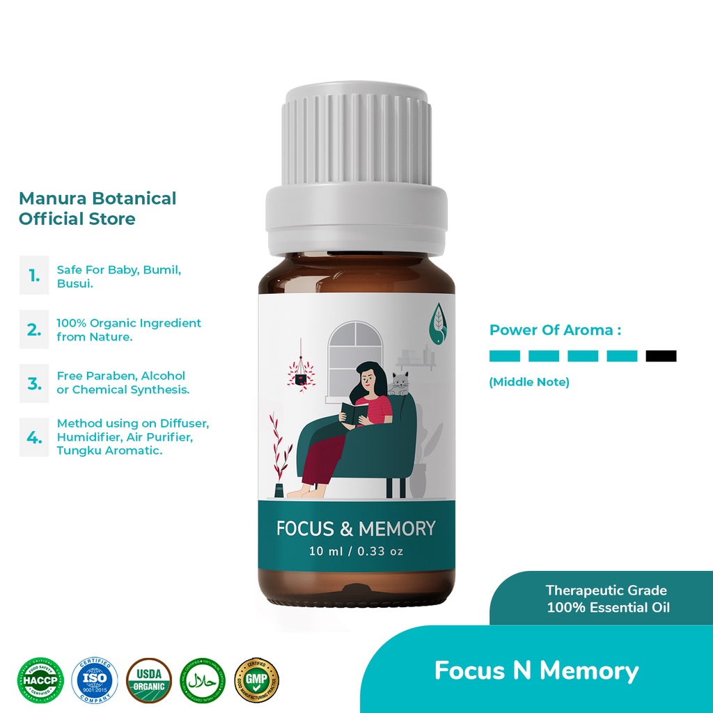 Focus &amp; Memory Manura Oil Aromatherapy Certified Organic &amp; Therapeutic Grade Natural 100%