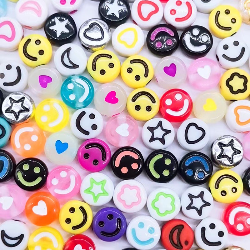 100pcs Manikmanik Akrilik Bentuk Bintanghati Motif Smiley Face Warnawarni Ukuran 6mm