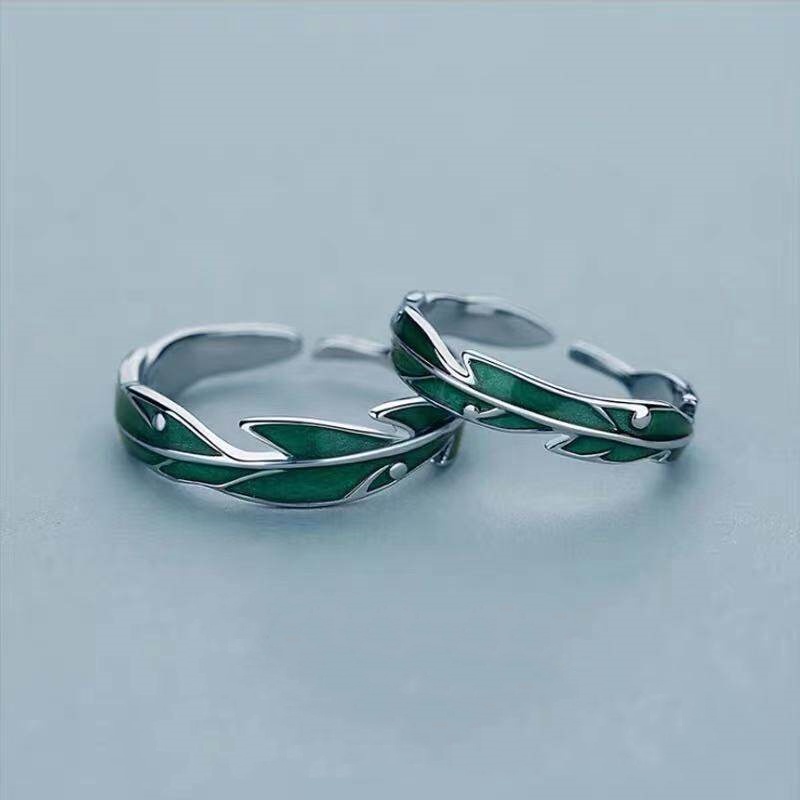 Cincin Enamel Bentuk Daun Hijau Adjustable Untuk Pria Dan Wanita