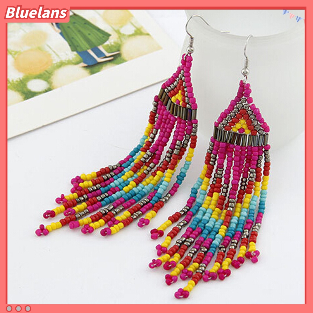 Anting Kait Gantung Panjang Manik-Manik Rumbai Gaya Bohemian Untuk Wanita
