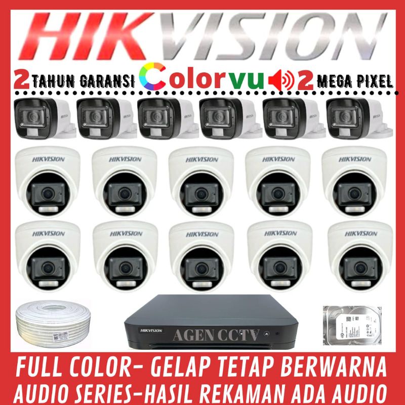 PAKET CCTV HIKVISION COLORVU 2MP 16 CHANNEL 16 KAMERA AUDIO FULL COLOR