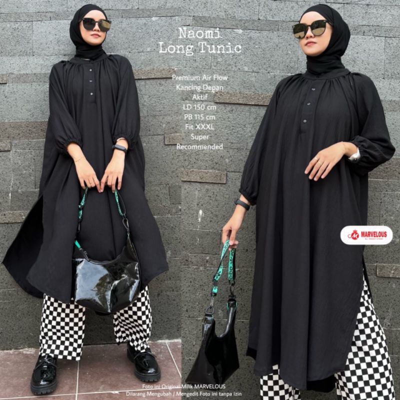 NAOMI LONG TUNIK BY MARVELOUS / TUNIK POLOS WANITA MUSLIMAH / Tunic Airflow import LD150
