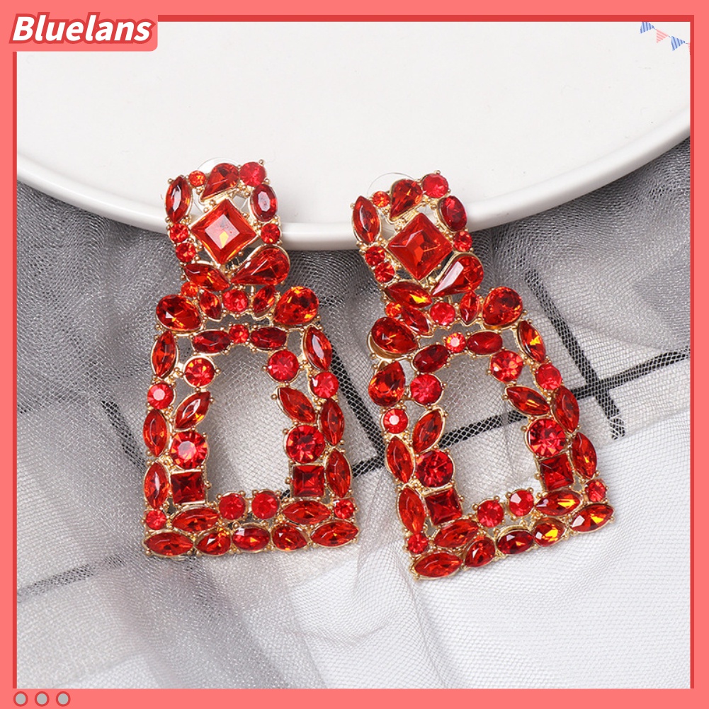Anting Tusuk Gantung Desain Geometri Hollow Out Hias Berlian Imitasi Untuk Wanita