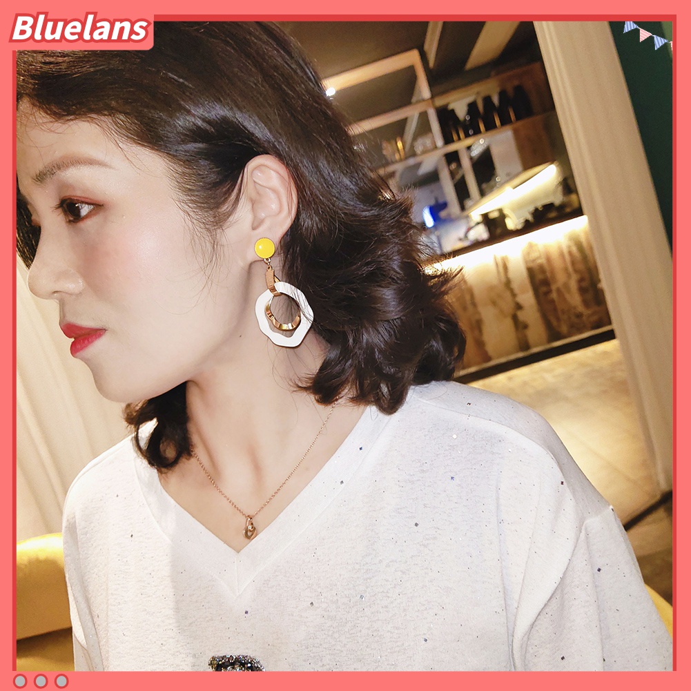 Anting Stud Menjuntai Bentuk Bulat Geometris Model Hollow Untuk Wanita