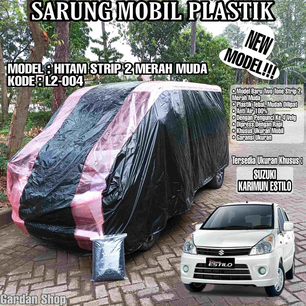 Sarung Mobil Plastik SUZUKI KARIMUN ESTILO Hitam Strip 2 Merah Muda Full Anti Air Full Waterproof