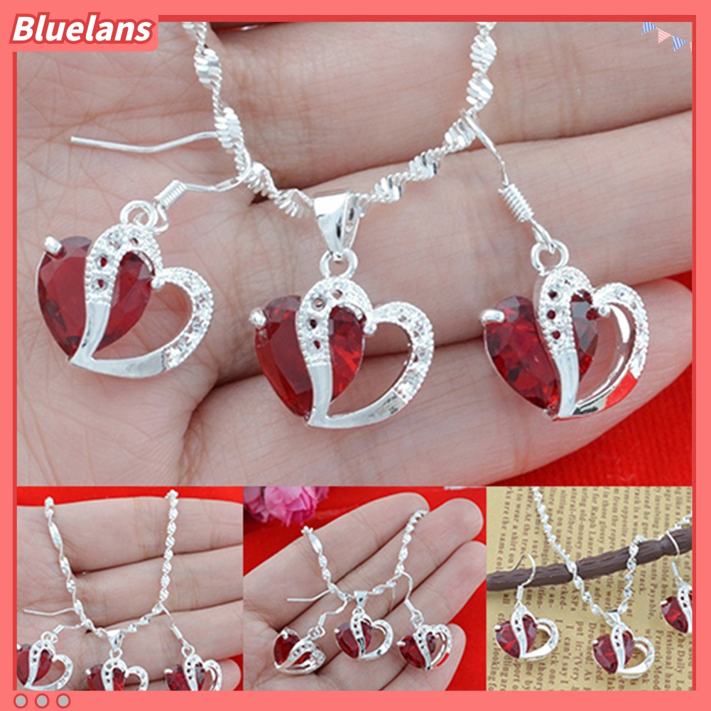 Anting Dan Kalung Silver Plated Hias Liontin Berlian Imitasi Warna Merah Untuk Wanita