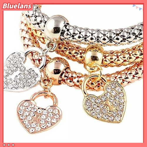 3 Pcs Gelang Elastis Dengan Liontin Hati Aksen Berlian Imitasi Untuk Wanita