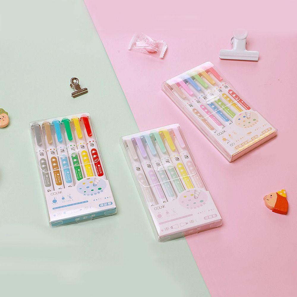 Mxbeauty Pulpen Stabilo 6Pcs/Set Perlengkapan Menulis Lukisan Berkepala Ganda Gaya Jepang Garis Tip Marker Pen Set Untuk Akun Manual Midliner Color Fluorescent Pens