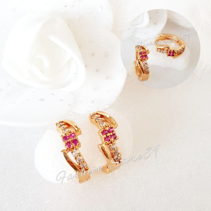 Anting Jepit Permata Kombinasi Pink White Impor Bestquality Perhiasan Lapis Emas Elegant Anting Jepit Permata Pink white Fashion